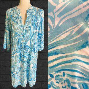 Lilly Pulitzer Blue White Abstract Print Dress Henley Coverup Sz Medium Sleeves